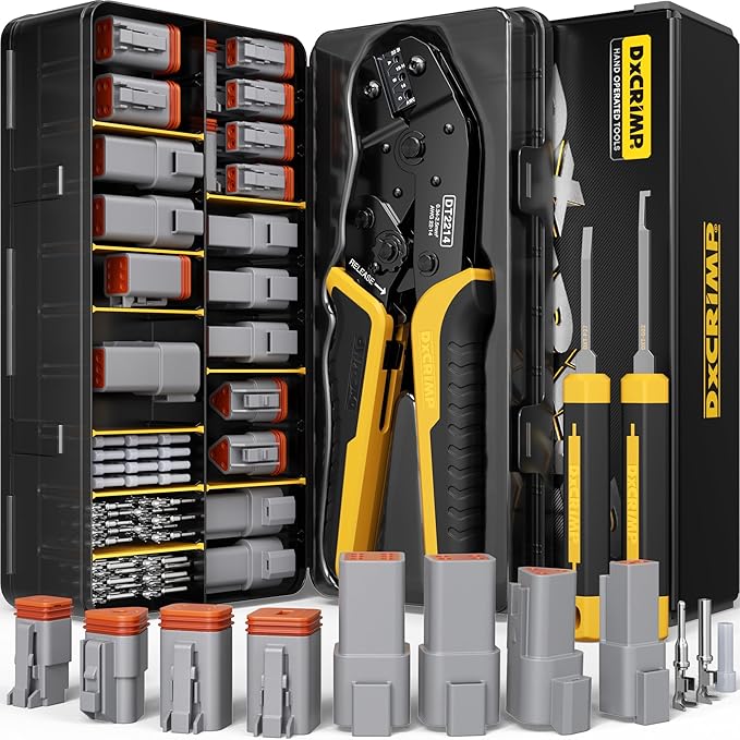 Deutsch DT Series Connector Crimping Tool Kit, 2/3/4/6 Pin Waterproof Automotive Electrical Connectors with 22–14 AWG Deutsch Crimp Tool & Pin Removal Tool for Automotive Wire Harness Repair