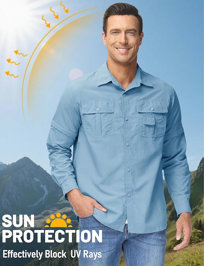 TACVASEN Men's Convertible Long Sleeve Fishing Shirts Lightweight Quick Dry Button Up Tactical Sun Shirts for Safari Hiking