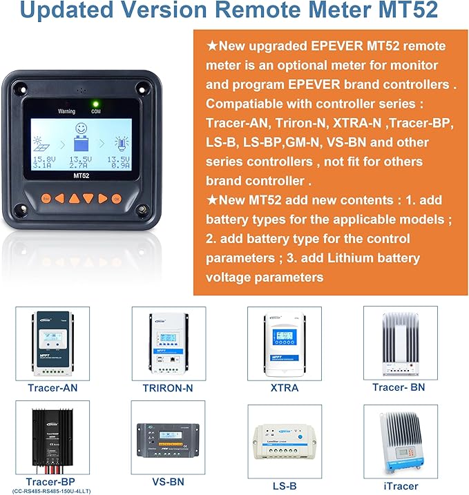 EPEVER MT52 Remote Meter for MPPT Solar Charge Controller 10/20/30/40A ,50/60/80/100A LCD Display Monitoring Setting Datas of Solar Panel Battery Regulator System (MT52)
