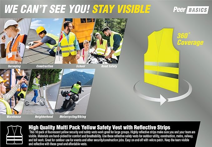PeerBasics, 20 Pack, Yellow Reflective High Visibility Safety Vest, Hi Vis Silver Strip, Men Women, Work, Cycling, Runner, Construction (Mesh, 20)…