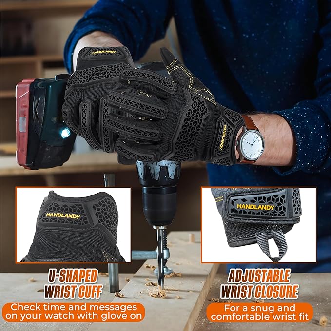 HANDLANDY Mens Work Gloves Touch screen, Utility Mechanic Gloves, Flexible Breathable Fit- Padded Knuckles & Palm