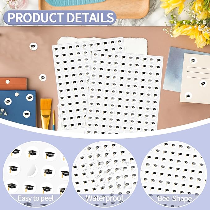 2400 Pcs Small Sticker for Kids,Mini Graduation Cap Sticker Cartoon Paper Small Decals Cute Self-Adhesive Stickers for Summer Party Envelopes Scrapbook Gifts DIY Supplies,0.5in（Cap）