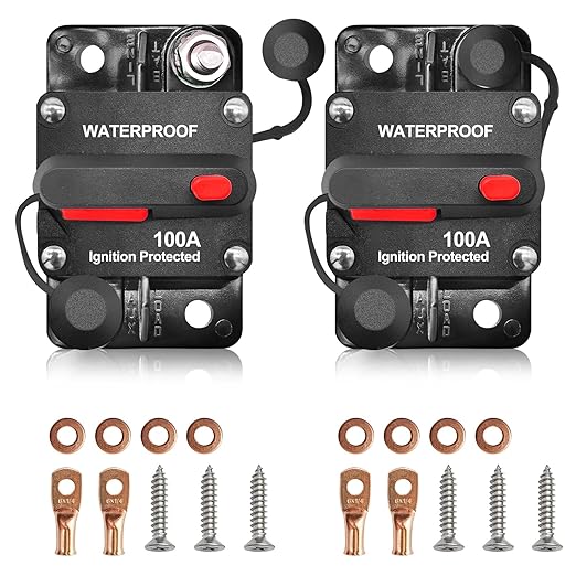 100Amp Circuit Breaker DC 12V-48V for Marine Boat Trolling Motor Automotive RV Trailer Car Solar System Battery Disconnect with Manual Reset Switch, IP67 Waterproof (Pack of 2)