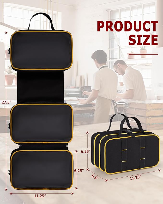 Roll Up Tool Bag with 3 Clear Window Cases (One Detachable), Tri-fold Tool Bag Organizer for Hand Tools, Black