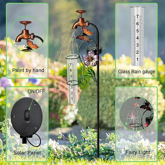 Glass Rain Gauge Outdoor,Solar Lights Faucet Stake with Rain Gauges,Flowing Water LED Lights Stake for Outside,Yard Art,Garden Decor