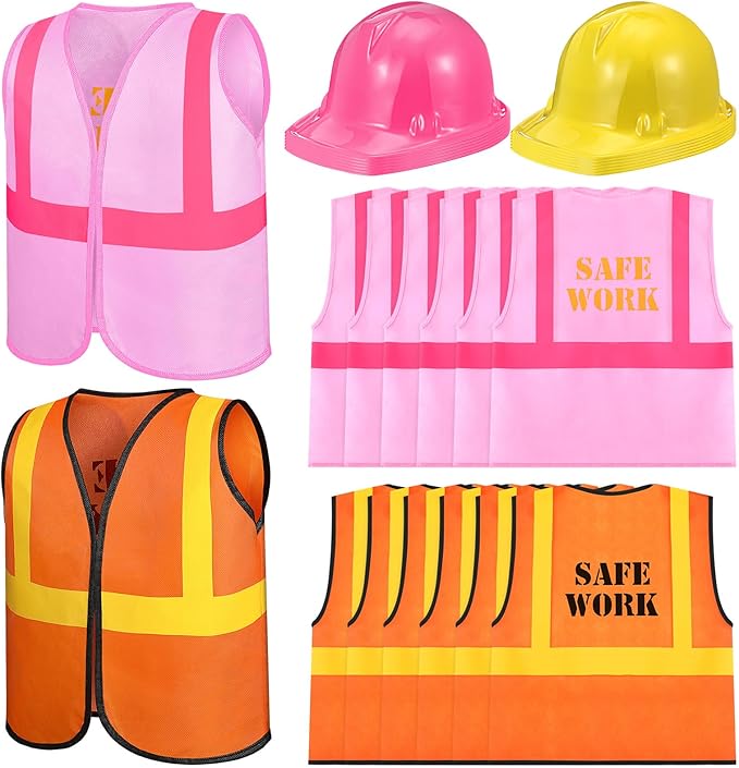 SATINIOR 24 Pcs Construction Birthday Party Supplies Kid Construction Hat and Vest Worker Costume Kids Role Play Dressing up