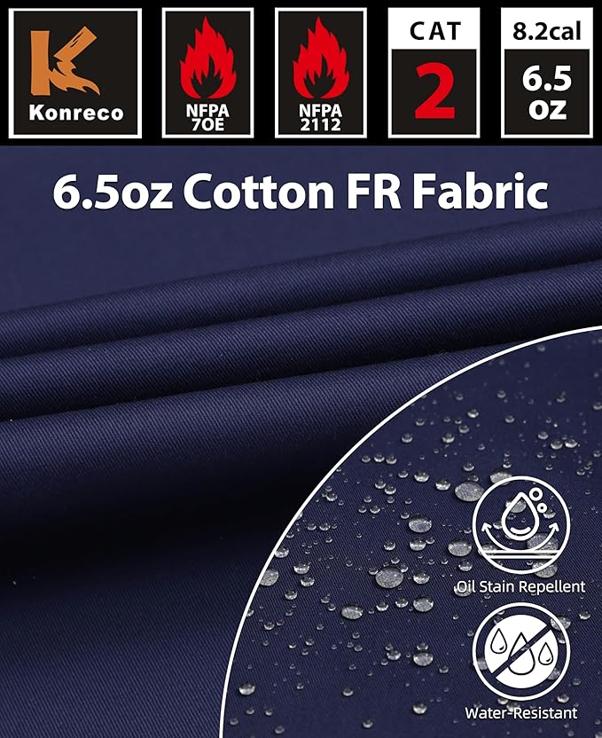 KONRECO FR Shirts for Men Fire Resistant Button Down Work Shirt 100% Cotton 6.5oz Lightweight Welding Shirts