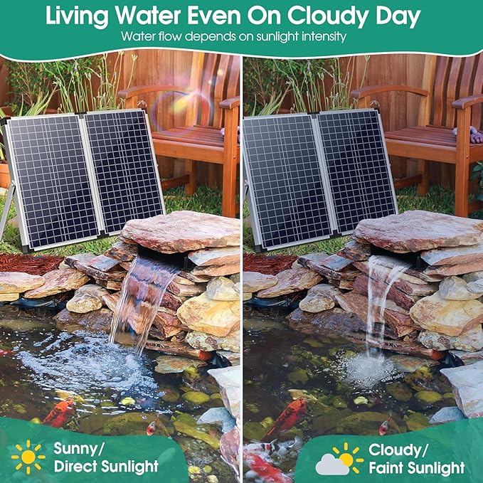 POPOSOAP 70W Solar Water Pump with Pond Waterfall Kit, 304 Stainless Steel Pond Waterfall Spillway, Pond Spillway with 9.8FT Corrugated Tubing for Garden Water Features-P5703