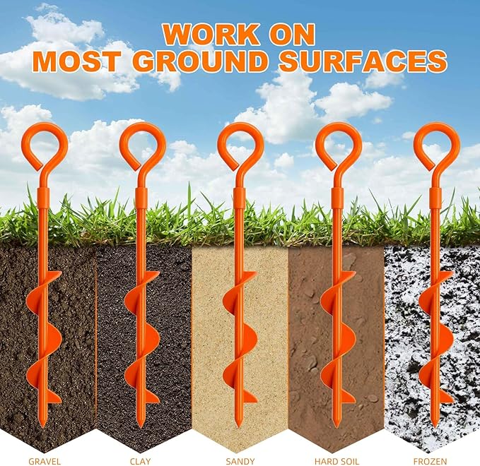 Ground Anchors Heavy Duty, 8 Pack Swing Set Anchor Kit Screw in Earth Anchors Trampoline Spiral Stakes for Camping Tent, Canopies, Car Ports, Securing Animals, Trap Anchors Hurricane Tie Down(Orange)