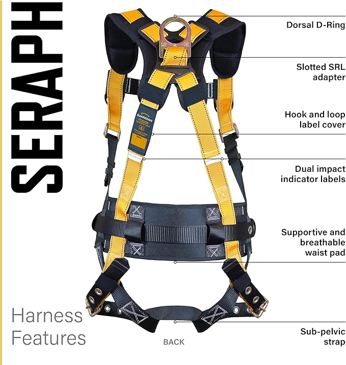 Guardian Seraph Construction Style Harness Waist Pad PT Chest TB Leg 3D (Dorsal, Sides) OSHA and ANSI Compliant