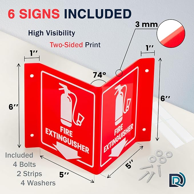 6 PC Fire Extinguisher Signs, 6 Inch Fire Extinguisher Two-Sided Acrylic Projecting V-Sign with Down Arrow, Including Screws