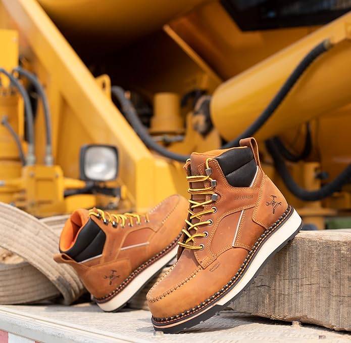 MWORK 6" Moc Toe Work Boots For Men Wedge Sole Leather Waterproof ASTM F2413-18 Safety Metallic Toe EH Rated Arch Support Anti Fatigue