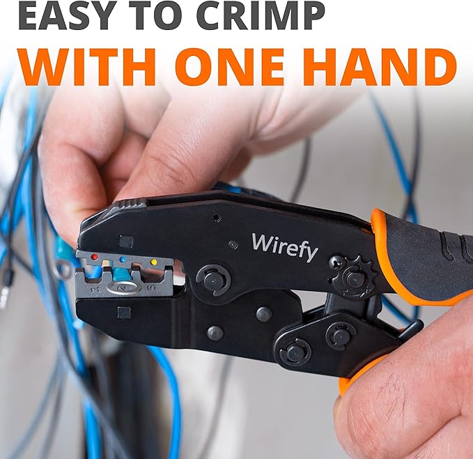 Wirefy Wire Crimping Tool Kit | Crimpers & 4 Slide in Dies | Ratcheting Wire Crimper Tool | Terminal Crimp Pliers | for Heat Shrink, Nylon, Non-Insulated, Insulated Connectors, Ferrule Terminals