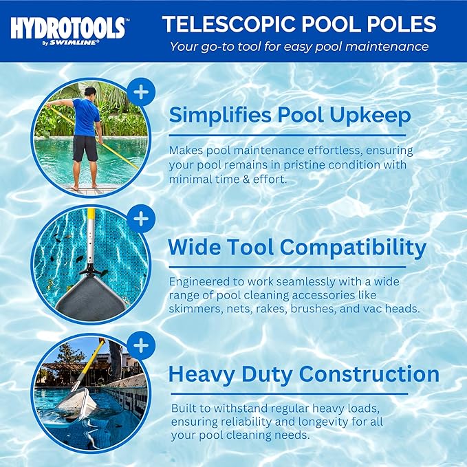 SWIMLINE HYDROTOOLS 8375 2-Piece Professional Grade Fiberglass Telescopic Pole 8 To 16 Feet Adjustable Telepole Swimming Pool Cleaning Skimmer Nets Vacuum Heads & Brushes W/ Strong Grip & Lock