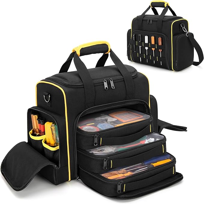 Tool Bag with 3 Removable Cases, 2 Layers Tool Tote for Hand Tools, Black with Yellow Binding