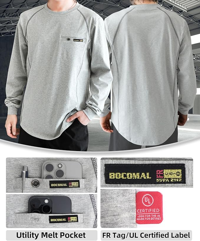 BOCOMAL FR Shirts for Men Melt Pocket Lightweight Crew T-Shirt NFPA2112/CAT2 Fire Resistant Work Shirt