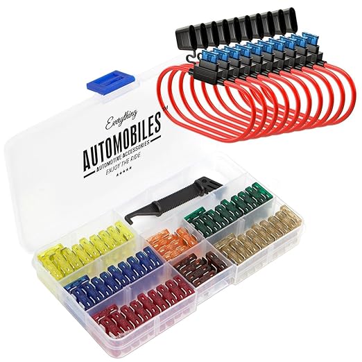 120 Assorted Fuses with 10 Inline Fuse Holders - Includes Fuse Puller Tool, Great for Use on Cars