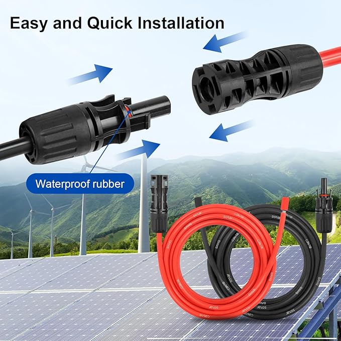 8AWG Solar Extension Panel Cable - 100FT PV Wire with Waterproof Female and Male Connector and Adaptor Kit Tool PV Wire for RV, Home, Boat, Solar Panels(100feet Red + 100feet Black)