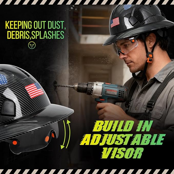 Carbon Fiber Pattern Full Brim Hard Hat with Visor-OSHA Approved Construction Safety Helmet for Men Women,ANSI Z89.1 Vented Reflective Hardhat with Hard Hat Chin Strap,6-Point Suspension
