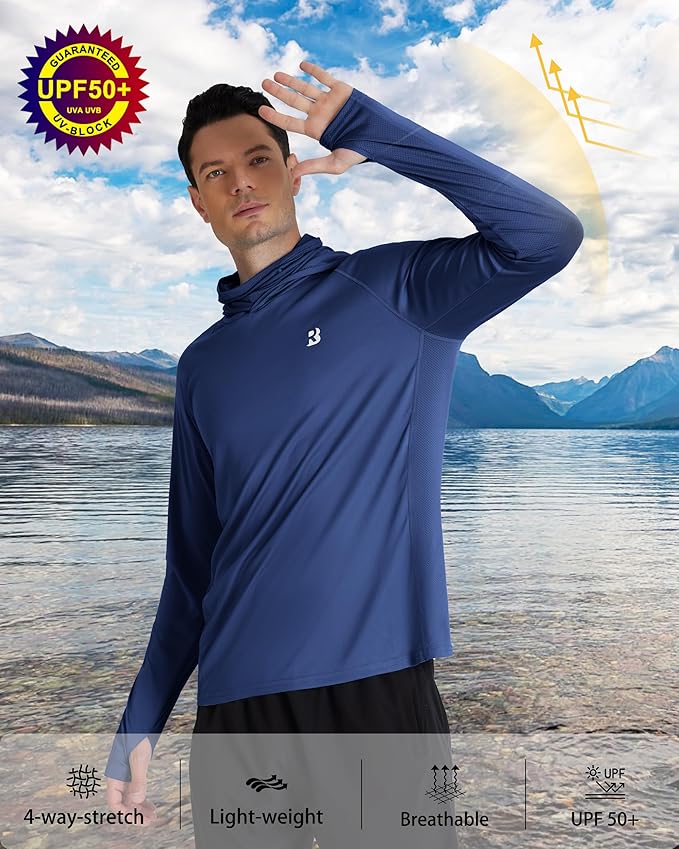 Roadbox Men's UPF 50+ Hooded Fishing Shirts Long Sleeve Sun Protection Hoodie, Hiking Running Swimming Rash Guard with Mask