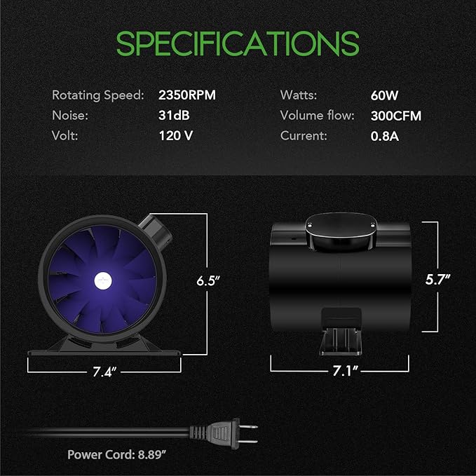 iPower Silent Inline Duct Ventilation Booster Fan 6 Inch 300 CFM Quiet Vent Exhaust Blower for Hydroponics Grow Tent Greenhouse Kitchen Bathroom, 2 Pack, Black