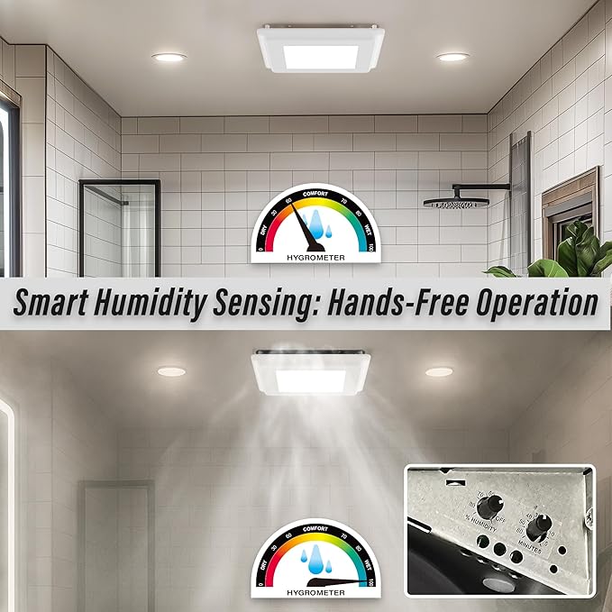 Bathroom Exhaust Fan with Humidity Sensor: 100CFM Ventilation Fan for Bathroom and Home, Auto-Adjusts for Moisture Control, Ultra-Quiet 1.2 Sones, Dimmable & Wet Rated, ETL Certified