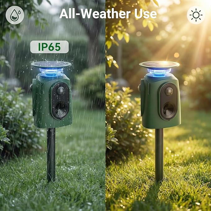 Cat Repellent Outdoor Solar Powered Ultrasonic Deer Repellent 360 Degree Animal Deterrent Squirrel Repeller with Flashing Light Outdoor Skunk Repellent Waterproof Yard Lawn Orchard Garden