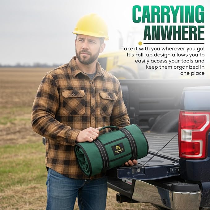 Roll Up Tool Bag Organizer – Heavy Duty Canvas Tool Roll Bag, Tool Roll Up with 5 Oversized Labeled Pockets & Carabiners, Portable Roll Up Tool Organizer for Mechanic, Truck & Car (Green)