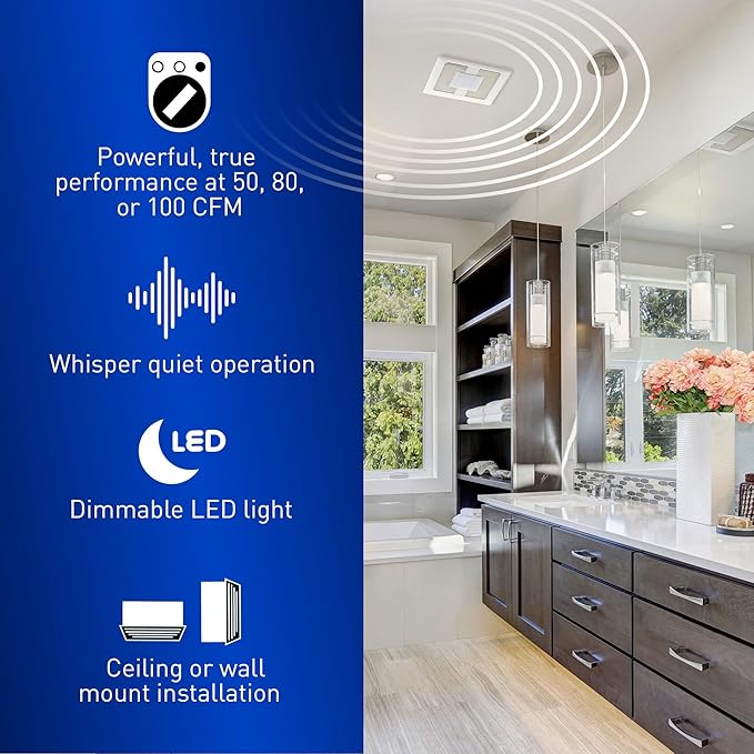 Panasonic WhisperValue Ceiling/Wall Mount Bathroom Exhaust Fan with Dimmable LED Light, 50-80-100 CFM, FV-0510VSL1
