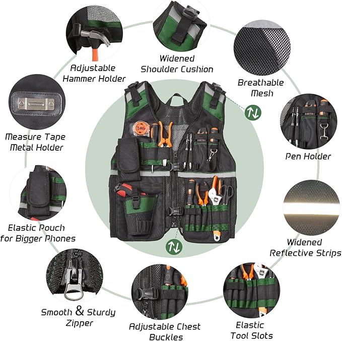 Electrician Tool Vest for Men, Reflective Safety Work Vest with Adjustable Thick Straps, Removable Phone Holder for Electrical, Carpenters, Construction, 22 Pockets.Green