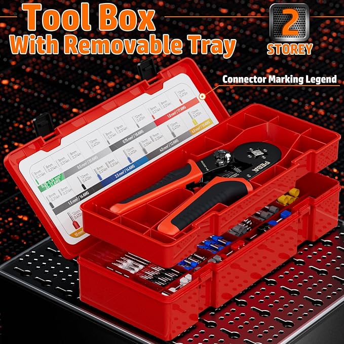 PEBA Square Ferrule Crimping Tool Kit, AWG 28-7 Self-Adjusting Ratchet Crimper, 28 Sizes Insulated & Non-Insulated Copper Terminals (8/9/10/12mm), Quadrilateral Crimp Pliers for Electrical Projects