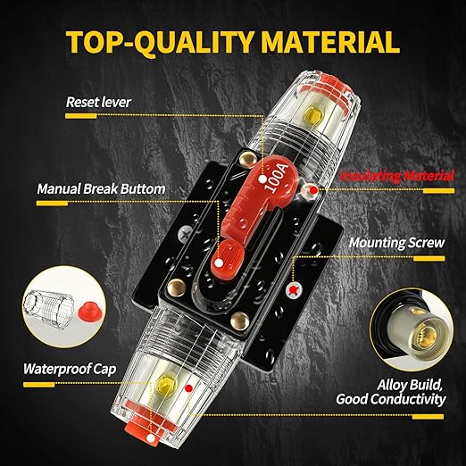 100 Amp Manual Reset Circuit Breaker DC 12-48V Waterproof Inline Fuse Holder, 3-15 AWG Overload Protection for Car Audio Sound Amplifier System RV Marine Boat Truck Solar (Pack of 2)