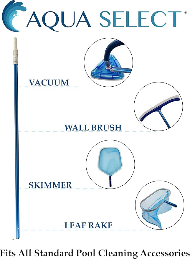 Aqua Select 5-15 Foot Telescoping Pool Vacuum Pole | Aluminum Pole for Skimmers Brushes Vacuums | Expandable Swimming Pool Pole | Attach to Pool Brushes, Nets and Skimmer Nets