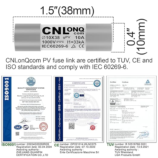 10pcs gPV Solar PV Fuse Link 10A 1000V DC 10x38mm Fuse 33kA Breaking Capacity for Solar, PV Combienr Box (10 Amp)