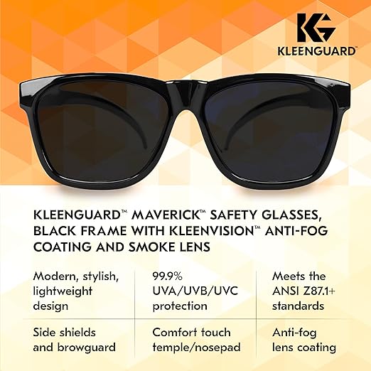 KleenGuard™ V30 Maverick™ Safety Glasses (49311), with KleenVision™ Anti-Fog Coating, Smoke Lenses, Black Frame, Unisex Sunglasses for Men and Women (Qty 12)