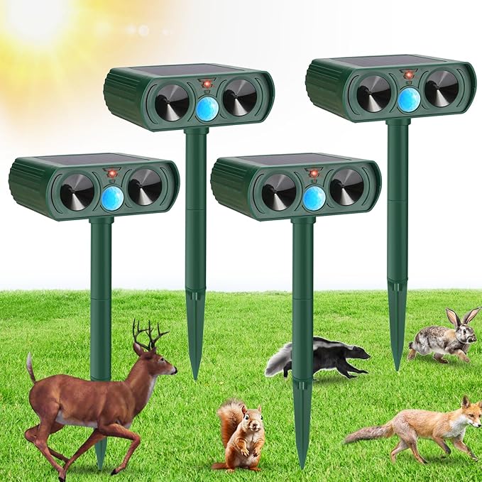 4 Pack Solar Ultrasonic Animal Repellent Outdoor Deer Repellent Devices Dog Repellent, Motion Activated Animal Cat Deterrent for Squirrel, Skunk, Rabbit, Dog in Yard Garden