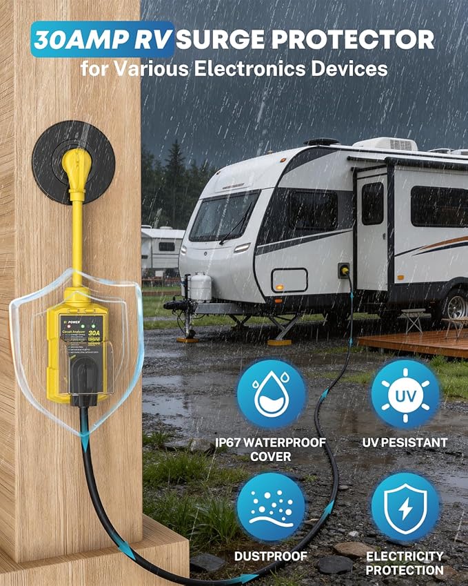 Kohree RV Surge Protector 30 Amp, Power Surge Voltage Protection Waterproof, Circuit Analyzer RV Adapter Plug for Travel Trailers Camper Outdoor, 30A 12000J-Yellow