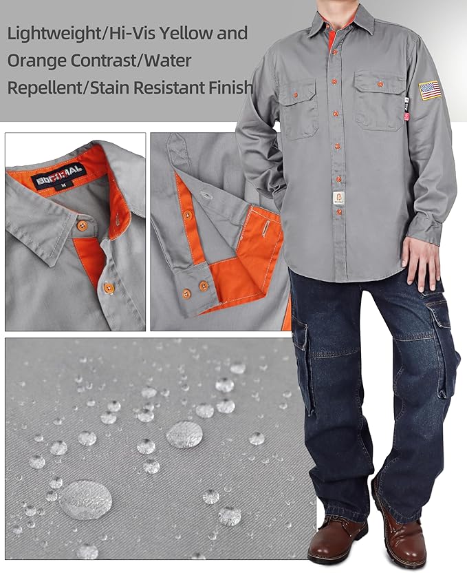 BOCOMAL FR Shirts for Men Flame Resistant Light Weight NFPA2112 Fire Retardant Welding Shirt Water & Oil Repellent Finish