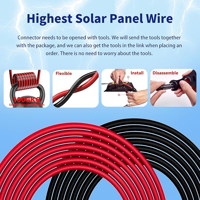 Solar Extension Cable 10AWG 6mm² 30FT PV Wire 10Gauge Adaptor Panels Cables with Female & Male Waterproof Connectors for Outdoors, Marine, RV, Photovoltaic (Black& Red)