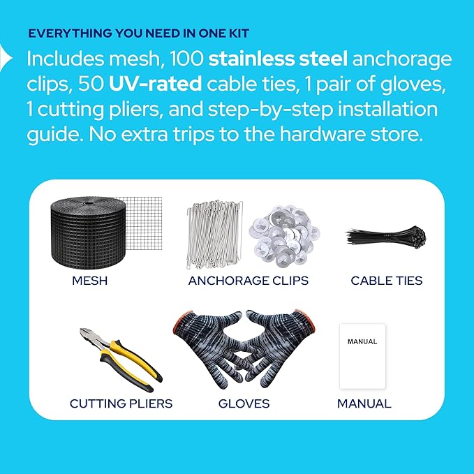 KASTLITE Solar Panel Bird Guard Mesh Kit - 6in x 100ft PVC Coated Galvanized Wire Screen, 100 Stainless Clips, Pliers & Gloves - No Drill Critter Shield, Rodent Barrier Fence for Under Panels, Black