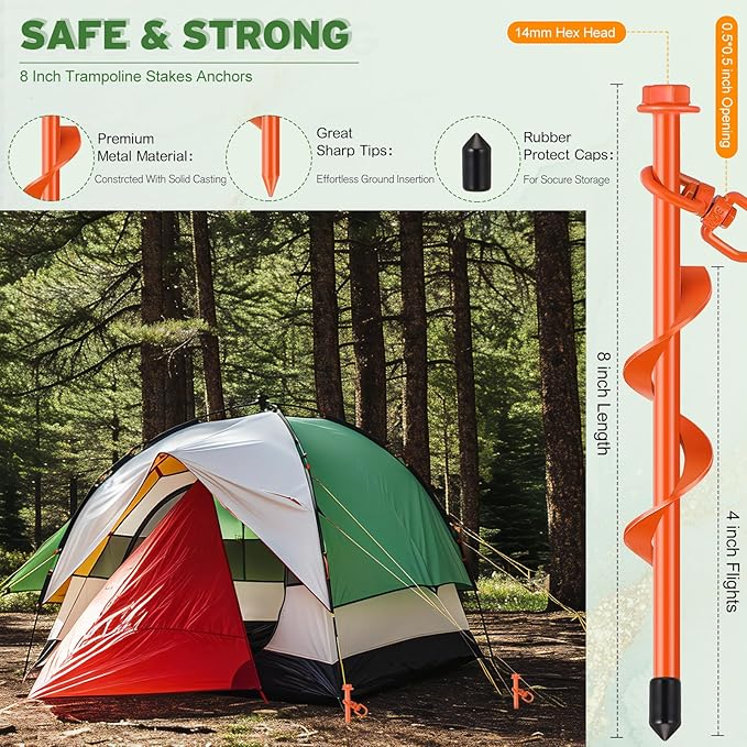 Hiboom 4 Pcs Ground Anchors with T Handle Hex Wrench Trampoline Hook, Ground Anchor Screw in Kit, Inflatable Outdoor Decorations Accessories for Camping Tents Car Ports Canopies (Orange,8 Inch)
