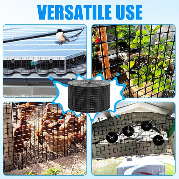 8in X 100ft Solar Panel Bird Guard - 1/2" Black PVC Mesh Galvanized Rust-Resistant Net, Critter Guard for Solar Panels with 70 Fastener Clips, Gloves, Cutting Pliers