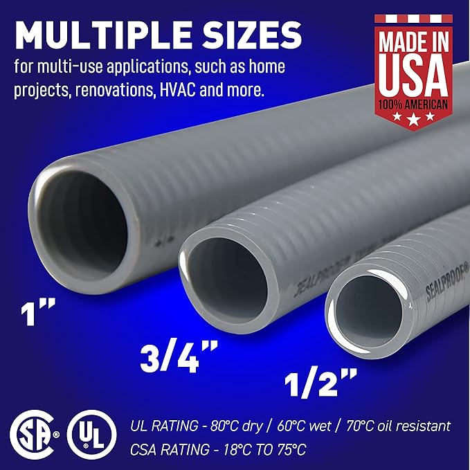 Sealproof 1/2-Inch Non-Metallic Liquid-Tight Conduit and Connector Kit, 50 Foot Made in USA Flexible Electrical Conduit Type B with 5 Straight and 3 90-Degree Conduit Connector Fittings, 0.5" Dia
