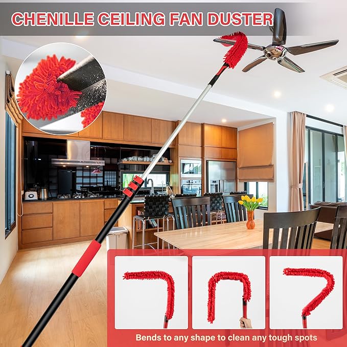 5-12 FT Extension Pole with 2 Outdoor Cobweb Brushes, 20 FT High Reach Ceiling Fan Cleaner Duster for Home, 12 FT Extendable Pole with 4 Pcs Dusting Tools, Cubweb Dusters, Feather Dusters, Fan Duster