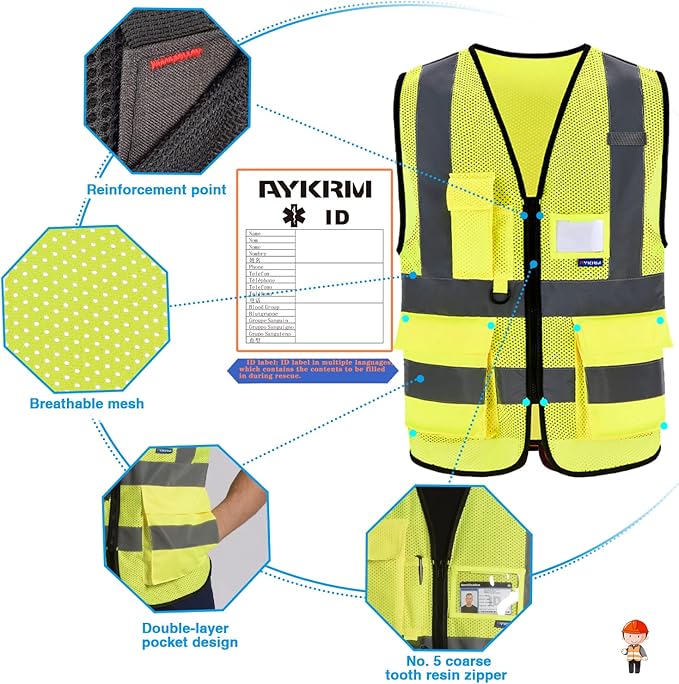 A-SAFETY 6XL 7XL 8XL High Visibility Mesh Safety Reflective Vest with Pockets and Zipper (Yellow Mesh 6XL-8XL)