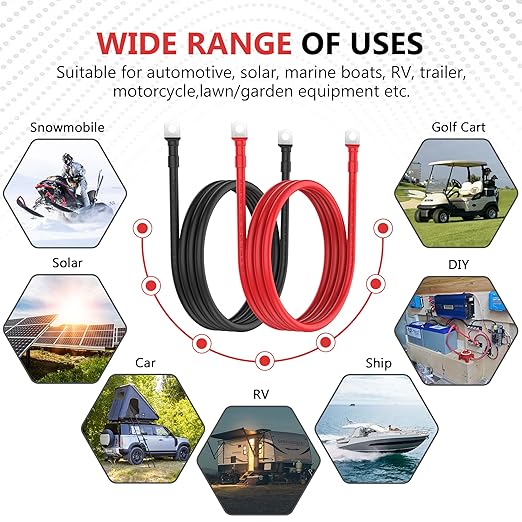 VOLTWORKS 1/0 AWG Gauge Red + Black Pure Copper Battery Inverter Cables Solar, RV, Car, Boat 6ft 3/8 in Lugs