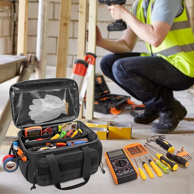 14-Inch Tool Bag with Anti-friction Bottom, Hand Tool Storage Organizer for Men, Tactical Range Bag, Multi-purpose Work Tote for Repairman, Carpenters, Handyman, Black