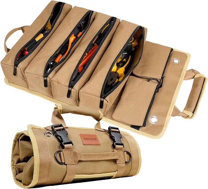 Roll Up Tool Bag, Heavy Duty Portable Tool Organizer with 2 Detachable Pouches and 4 Compartments, Water-Resistant Canvas Tool Roll for Car Garage Electrician Mechanic Handyman (Khaki)