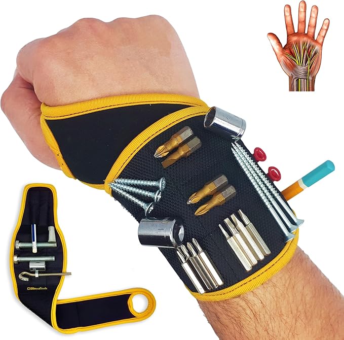 BINYATOOLS Magnetic Wristband for Tools Gift for Him Magnet Screw Holder Wrist Support Keeps Screws Nails Drill Bits Handy Unique Tool Gadgets for Men's & Dad (BLACK)