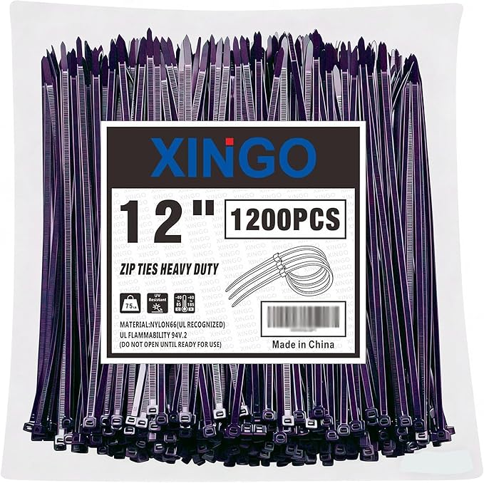 XINGO 12 Inch Purple Zip Ties 1200 PCS, 75 LBS Ultra Strong Tensile Strength, UV Resistant Cable Ties, Self-locking Plastic Ties for Indoor and Outdoor Use